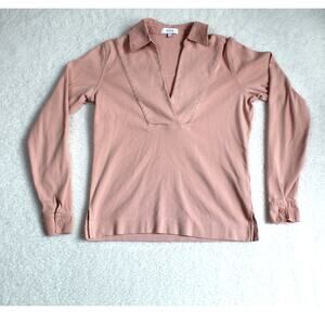 Reiss Top Women XS Pink Collared Georgie V Neck Long Sleeve Minimalist Chic